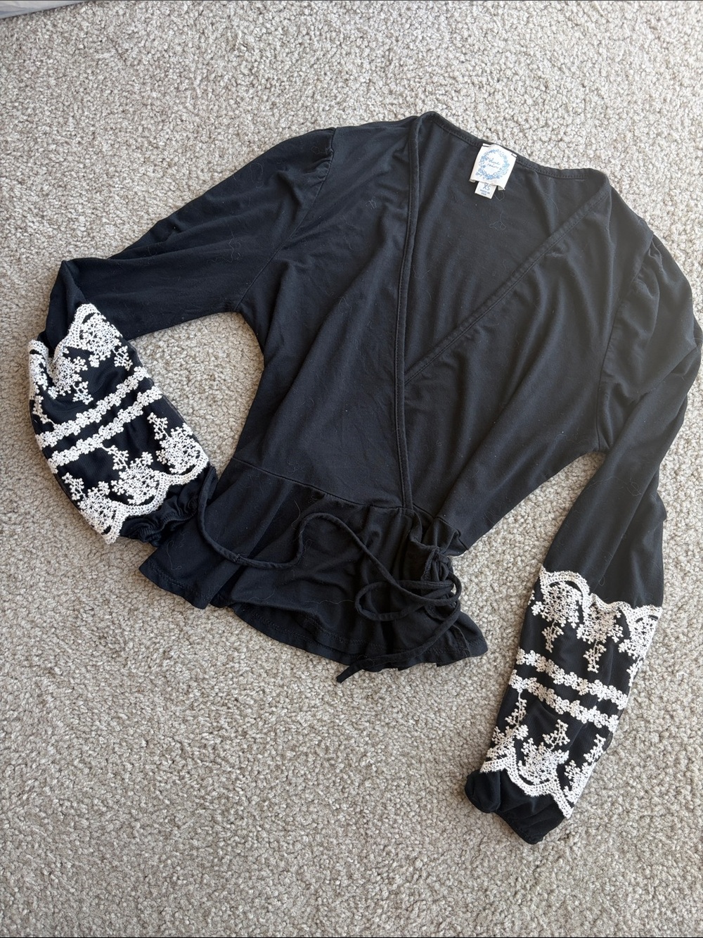 Blue Rain Black Wrap Embroidered V-Neck Top